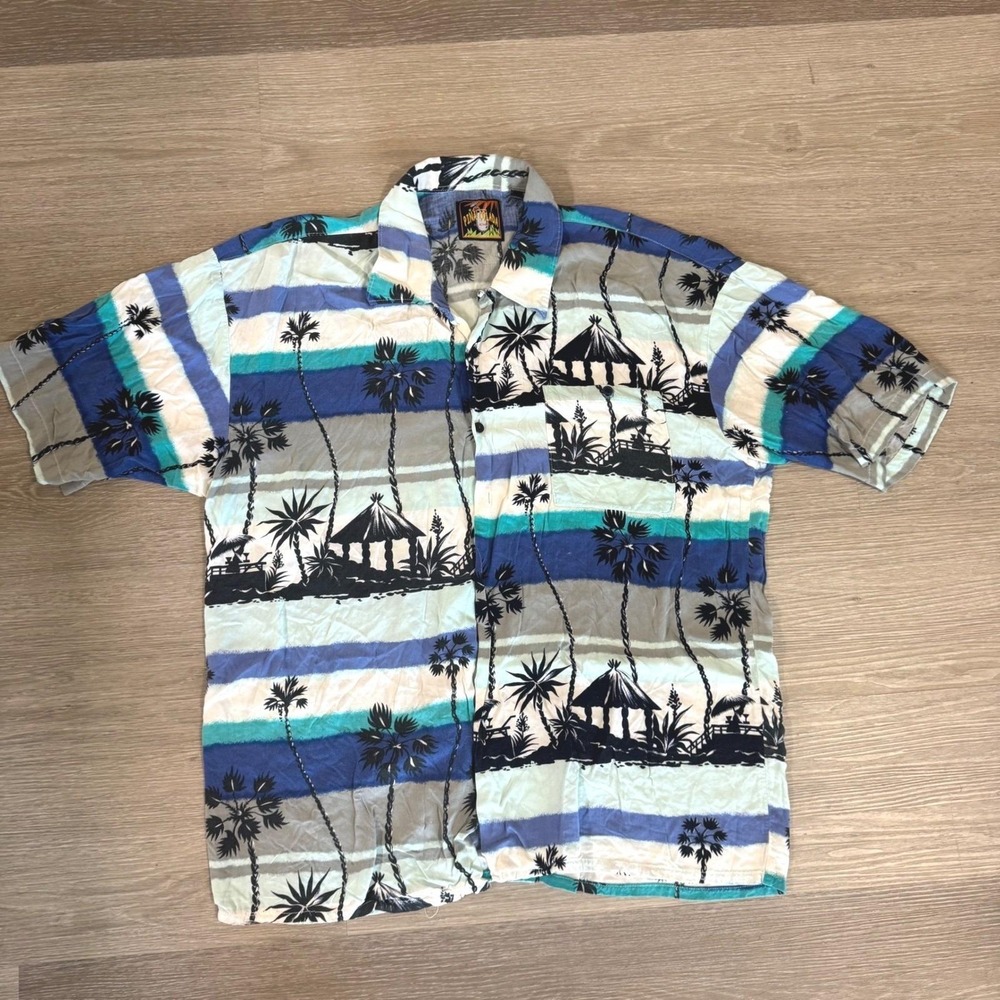 Vtg Pina Colada Button‎ Up Shirt Mens XL Blue Tropical Palm Tree Rayon Hawaiian